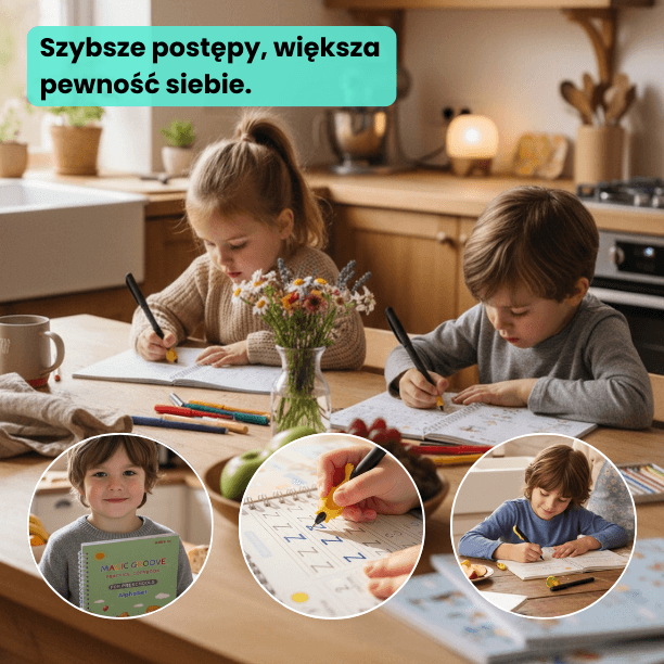 Zestaw 4 zeszytów do nauki pisania | Magiczny tusz + uchwyt