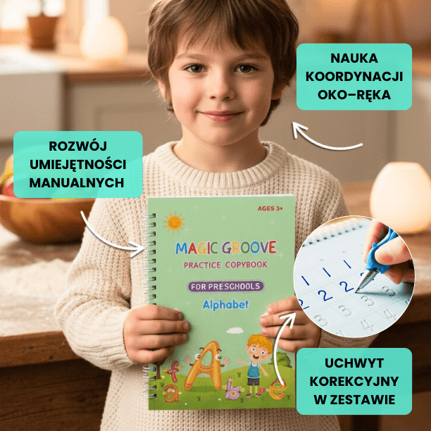 Zestaw 4 zeszytów do nauki pisania | Magiczny tusz + uchwyt