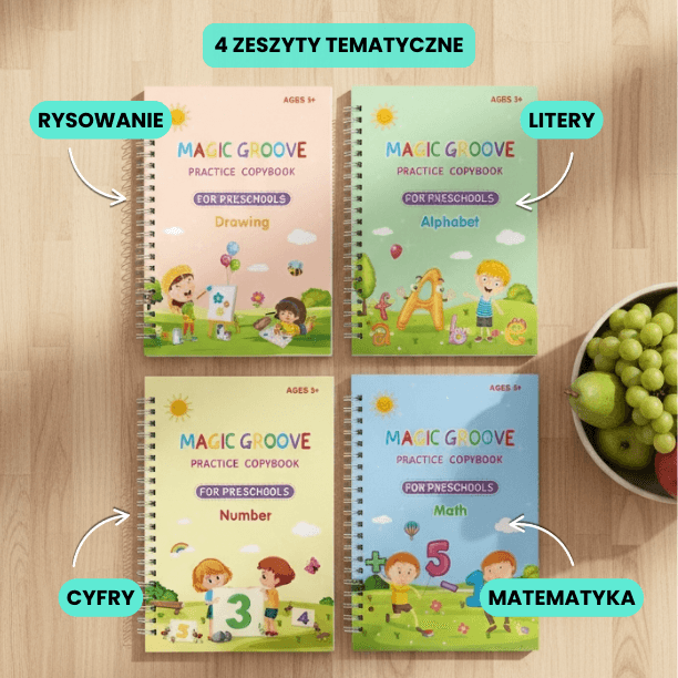 Zestaw 4 zeszytów do nauki pisania | Magiczny tusz + uchwyt