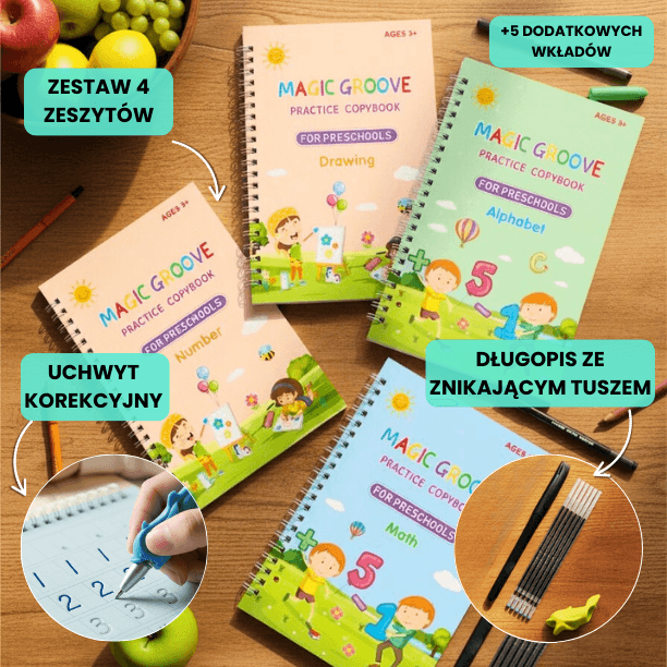 Zestaw 4 zeszytów do nauki pisania | Magiczny tusz + uchwyt